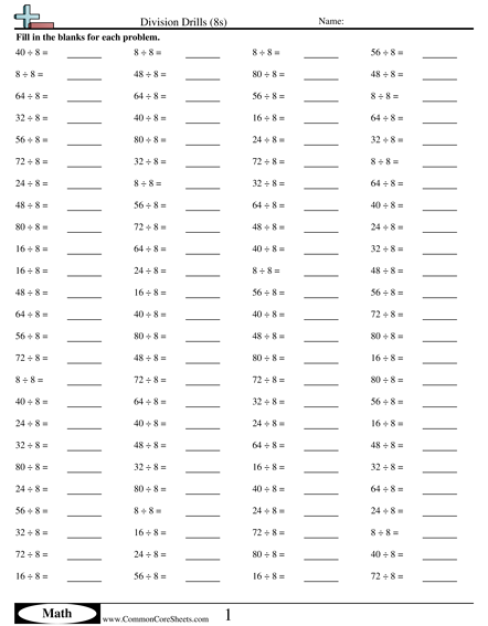 Math Drills Worksheets - Division Drills (8s) worksheet